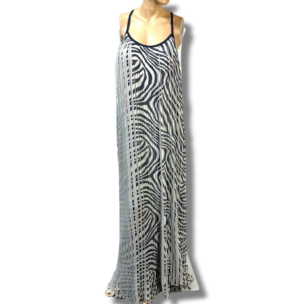 Michael Kors Mumu Maxi Dress White Navy Blue Print Resort Wear Pleated Size 16